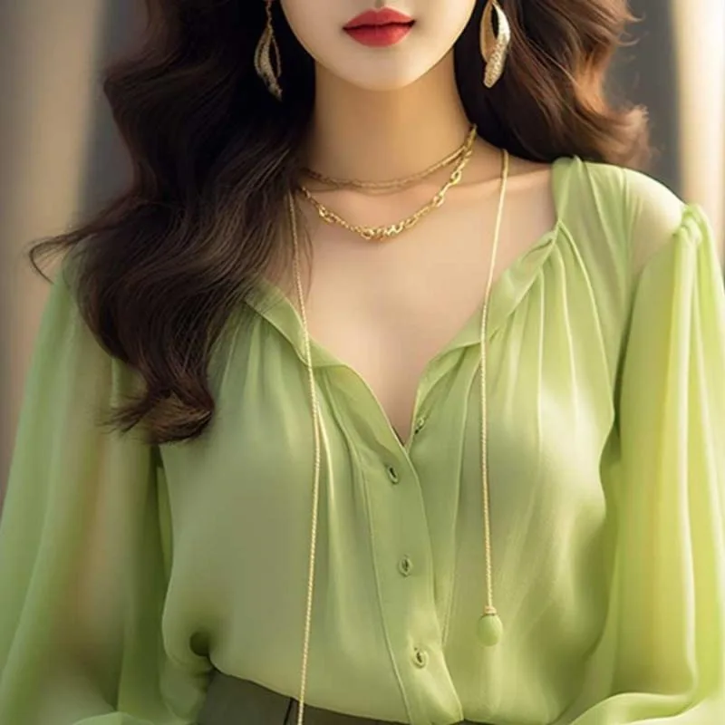 2024 Year Spring Autumn Korean Fashion Commuter V-Neck Sexy Solid Color Long Sleeve Comfortable Chiffon Top Female Slim Shirt