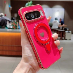 Enhanced Love Heart Bracket Phone Case with Plating Finish and Magsafe Compatibility - Google Pixel 8 Pro (Red)