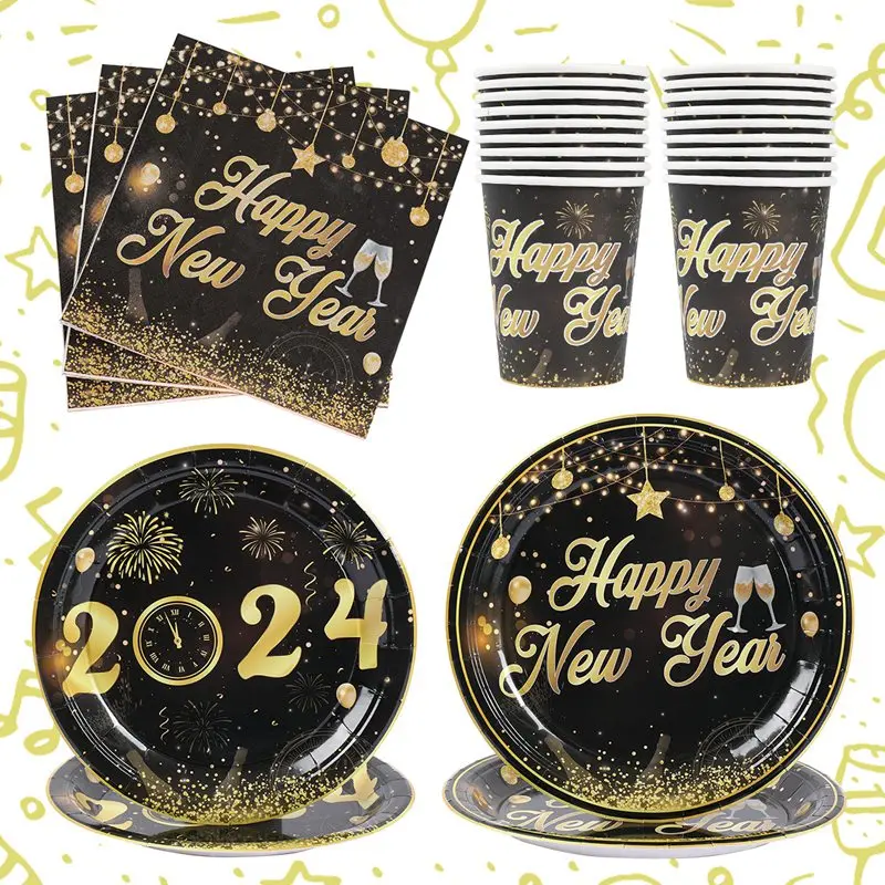 Happy New Year Party Supplies Tableware New Year Plates Cups Napkins T