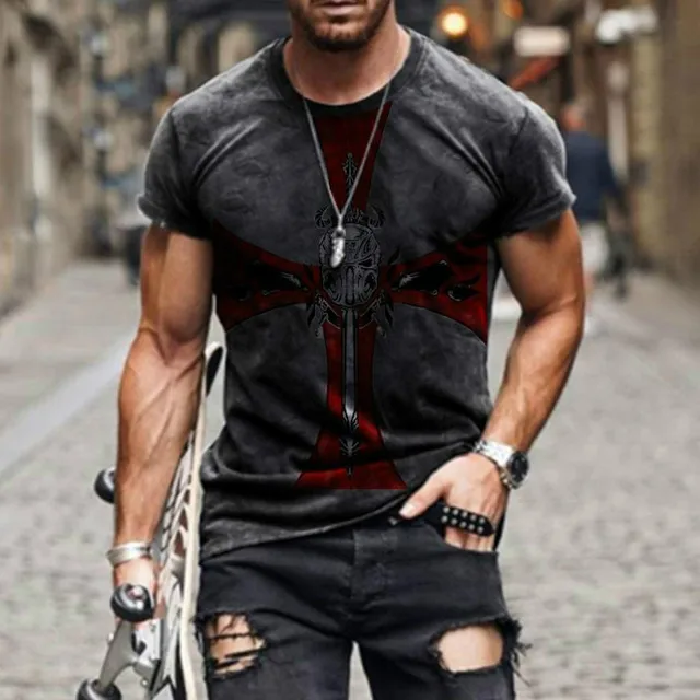 Summer Men's Fashion Street Versatile Top 3D Knights Templar Print T-Shirt Casual Round Neck Fitness Shirt S1088