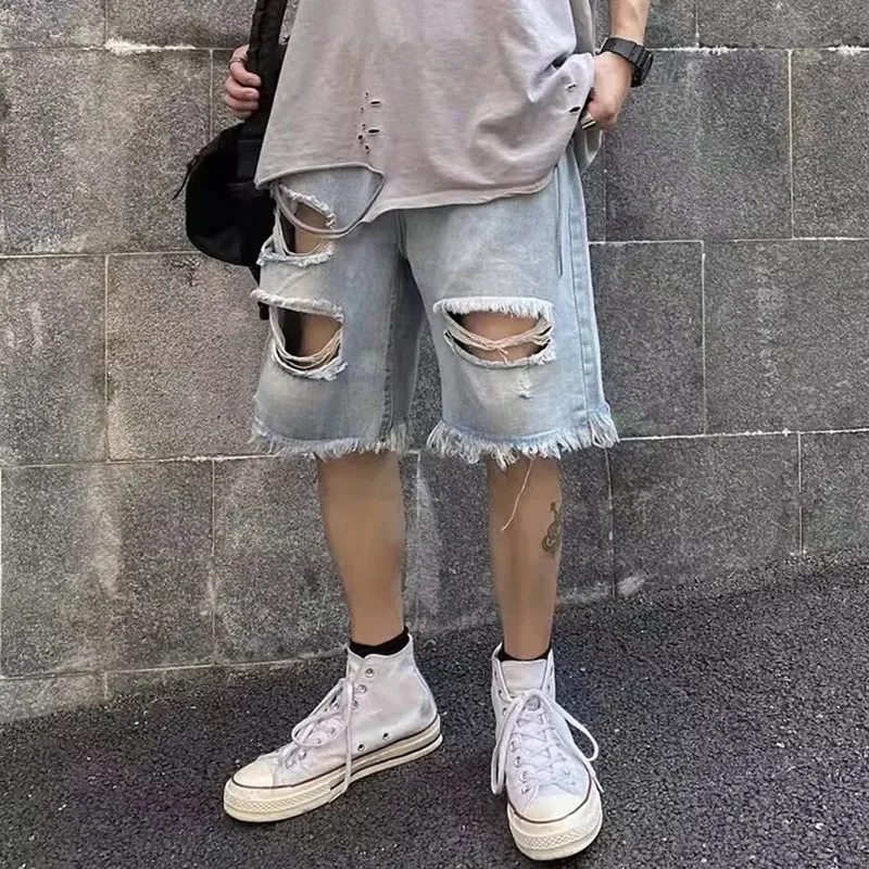 Men Vintage Hollow Out Ripped Design Straight Jean Short Pant For Men Streetwear Trend Spring Summer Fashion Denim Shorts