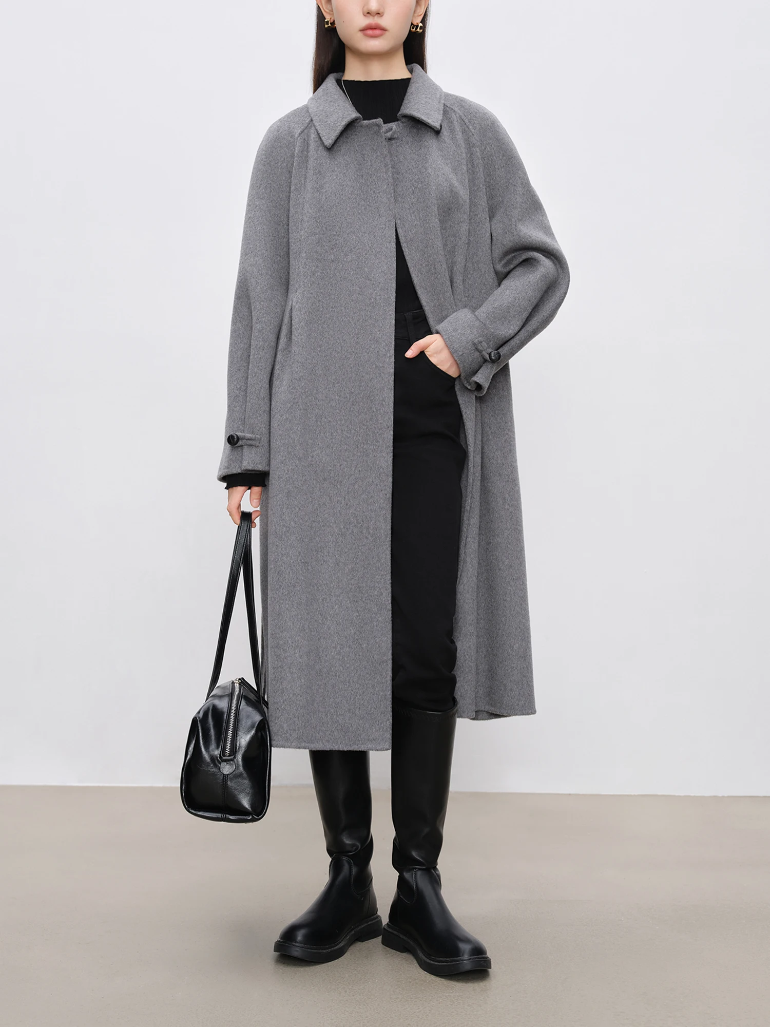 ZIQIAO Women 100% Wool Coats Winter Dark Grey Long Woolen Jackets