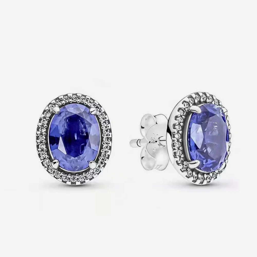 2022 Authentic 925 Sterling Silver Earring Sparkling Star Blue Gem Golden Heart Halo Stud Earrings Women Jewelry BirthdayGift 
