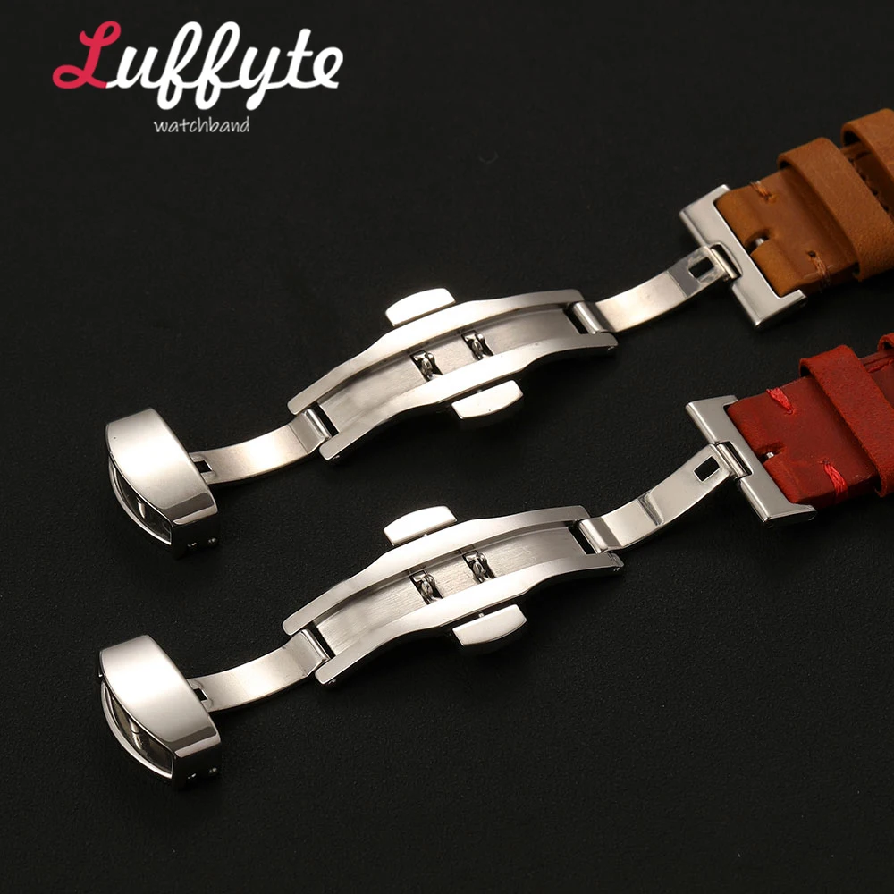 Men's Vintage Crazy Horse Leather Watch Band with Butterfly Buckle