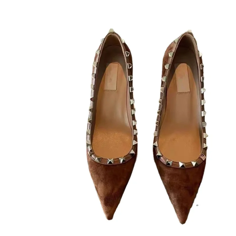 Spring 2024 new temperament Maillard cashmere rivet single shoes with pointed stilettos and short-toed high heels for women.