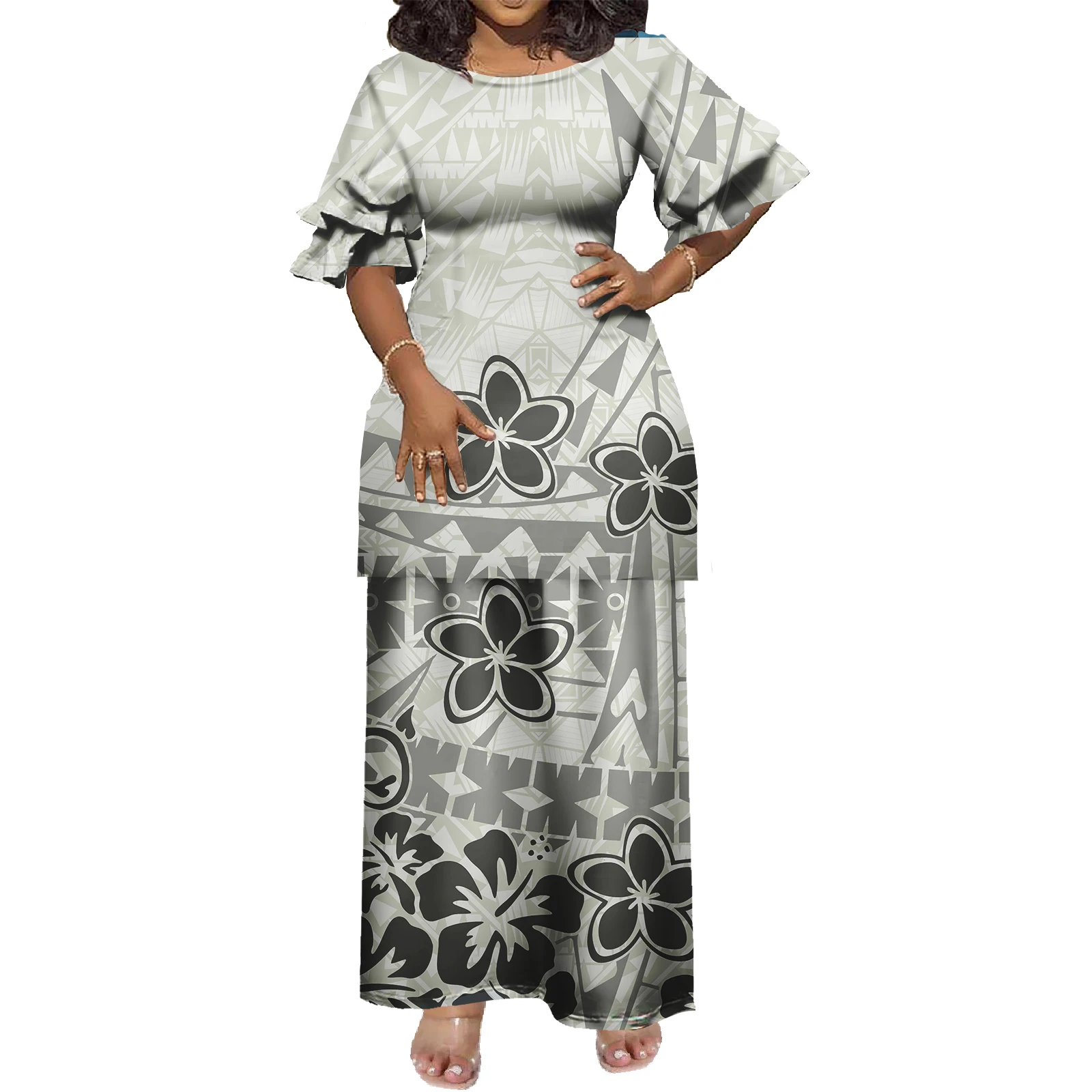Double Layer Sleeve Elegant Hawaiian Floral Printed Long Dress Large Size  Polynesian Clothing Puletasi Samoa Women Dresses - AliExpress 200000345