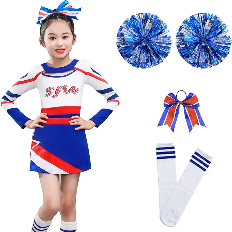 

Long Sleeves Blue Girl Cheerleading Costume Uniform Kids Women Cheerleader Dance Outfit Round Neckline Patchwork Style Pompoms