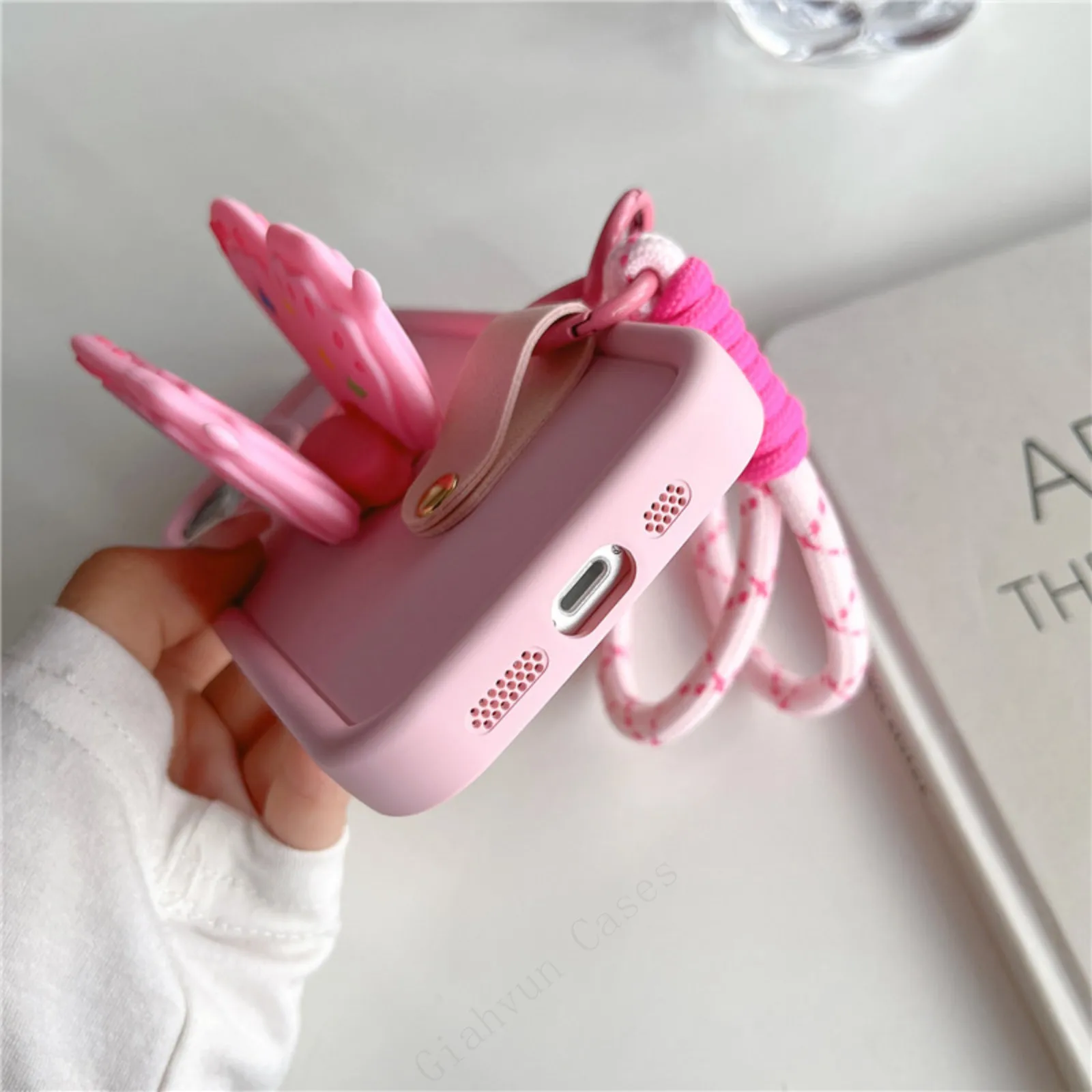 3D Cute Bee Butterfly Anti-lost Lanyard Chain Strap Holder Phone Case For iphone 15 14 X XR XS 1113 Pro Max 12 Pro 7 8 Plus Gift