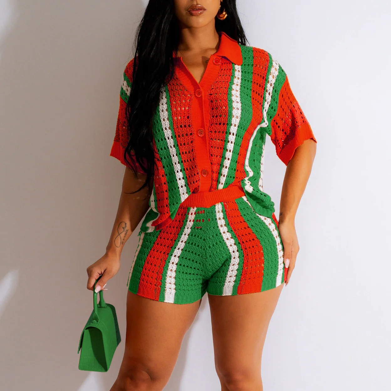 

2023 Summer Crochet Contrasting Colors Stripes Button Collar Shirt and Shorts Beachwear Casual Women Two Piece Set Knitted Suit