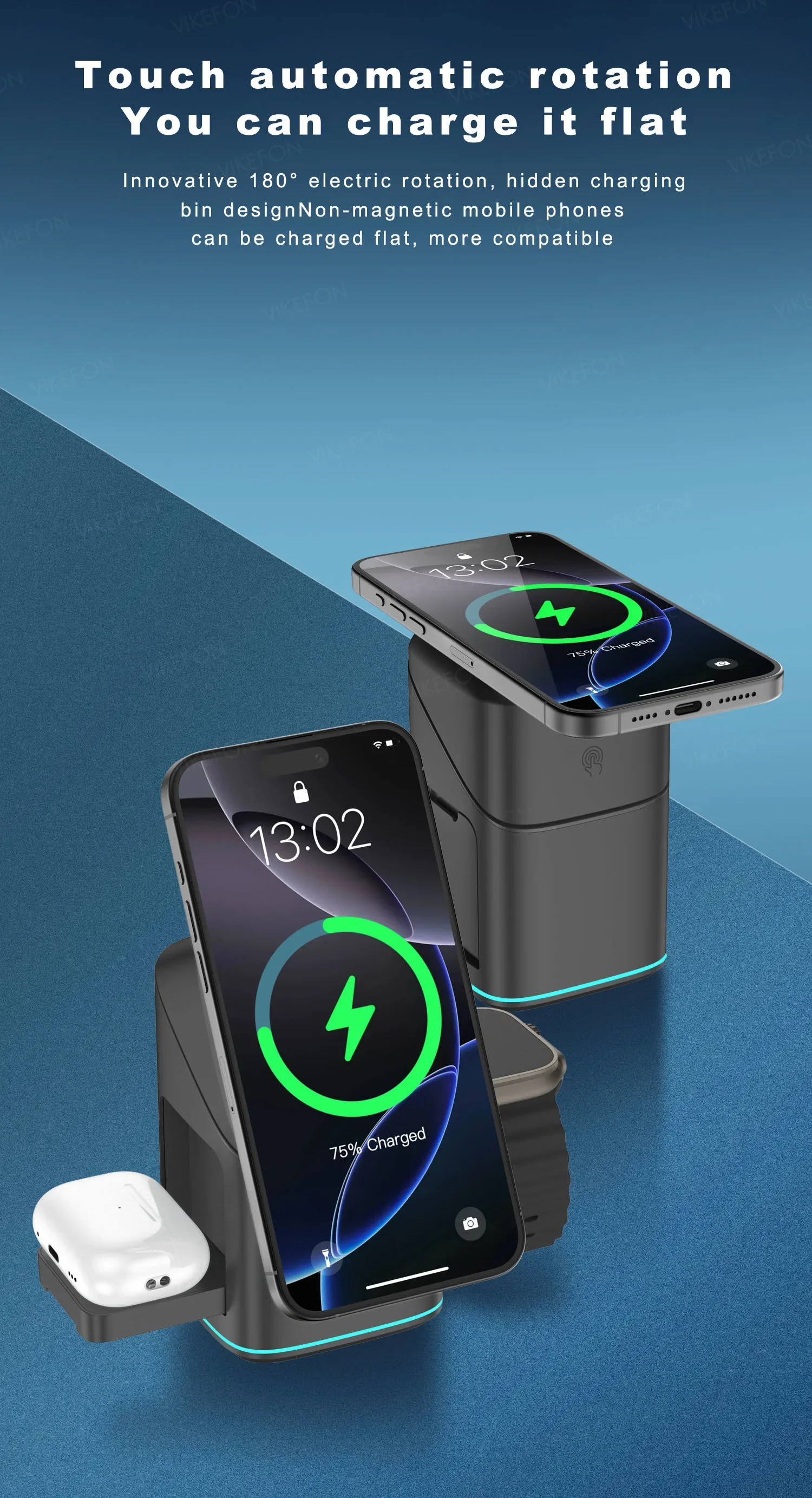 3-in-1 Electric Rotation Magnetic Wireless Charger With LED Breathing Light For Mag Safe IPhone 16 15 14 13 12 IPhone Watch Pro_voghion.com