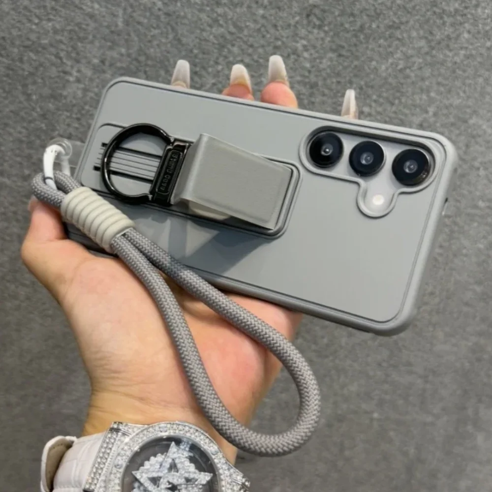 Folding Metal Stand Phone Case with Wrist Strap and Lanyard - Solid Color Matte Silicone Cover