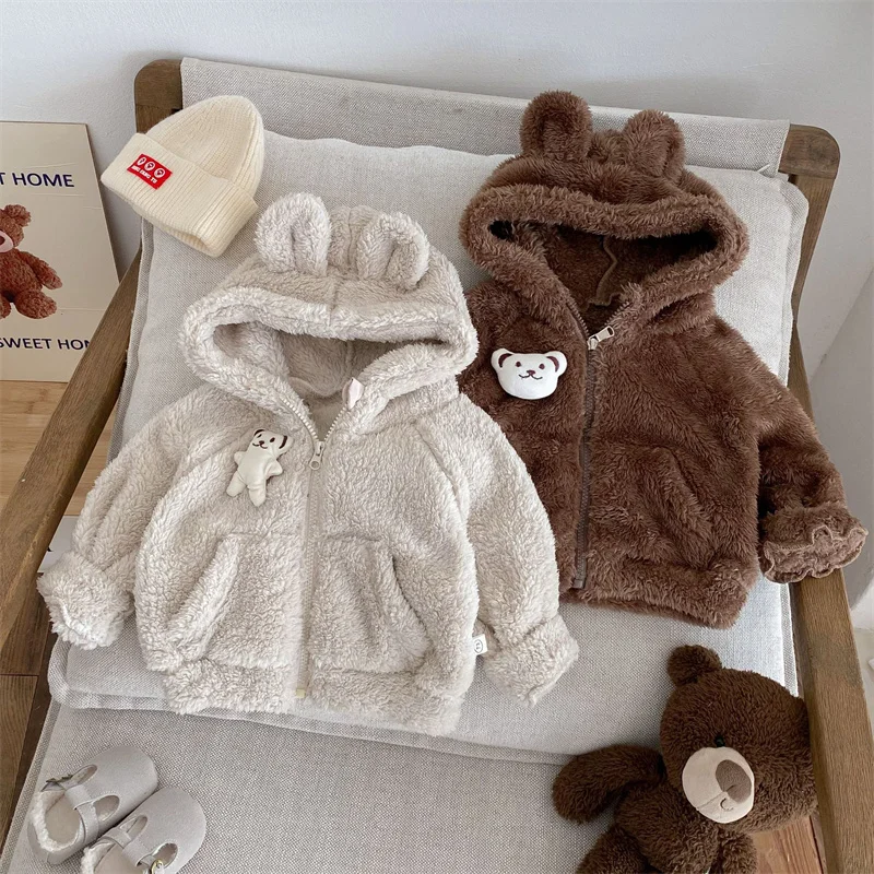 Winter Thicken Outerwear Boys Coat Warm Faux Fur Hooded Cape Jacket For Girls Kids Princess Parkas Plush Clothing 7M-5 Years