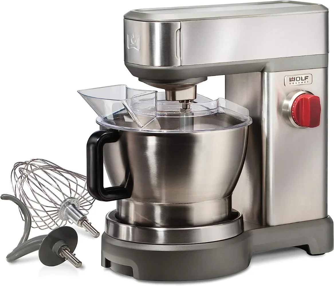 

Wolf Gourmet High-Performance Stand Mixer, 7 qrt, with Flat Beater, Dough Hook and Whisk, Brushed Stainless Steel (WGSM100S)