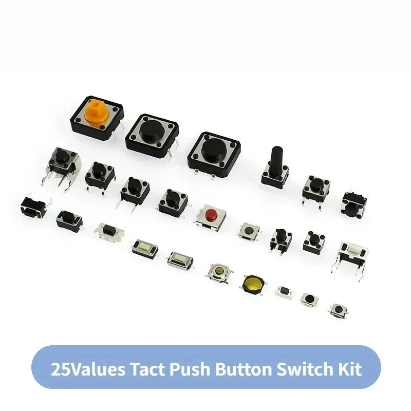 125Pcs 25Types Micro Switch Push Button Tact Switches Reset SMD DIP 2x4 3x6 4x4 6x6 DIY Assorted Kit for Electronics Projects