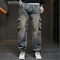 Versatile retro jeans for men, loose and nostalgic multi pocket straight leg denim pants, hip-hop workwear pants 1
