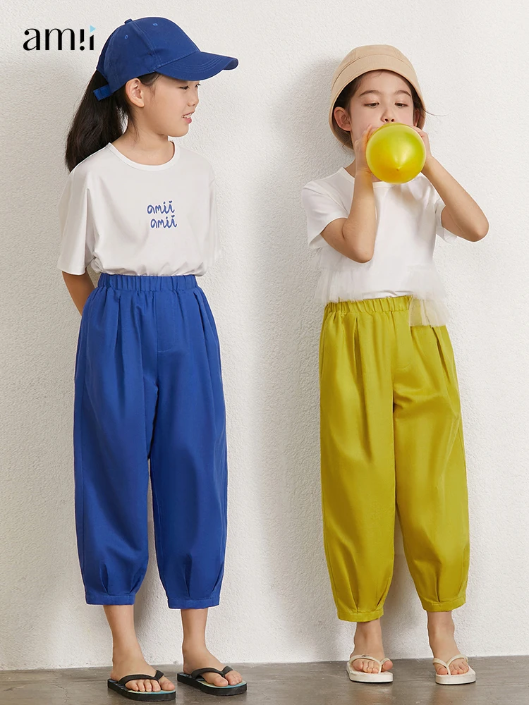 

AMII Kids Casual Trousers For Girls 3-12y 2022 Autumn Cotton Fashion Children's Eastic Waist Loose Bloomers Pants 22130047