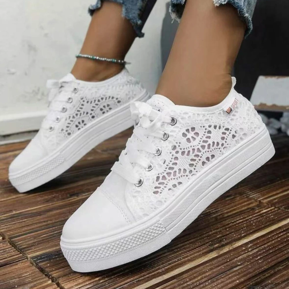 Women Shoes Fashion Summer Casual White Shoes Cutouts Lace Canvas Hollow Breathable Platform Flat Shoes Woman Sneakers 1