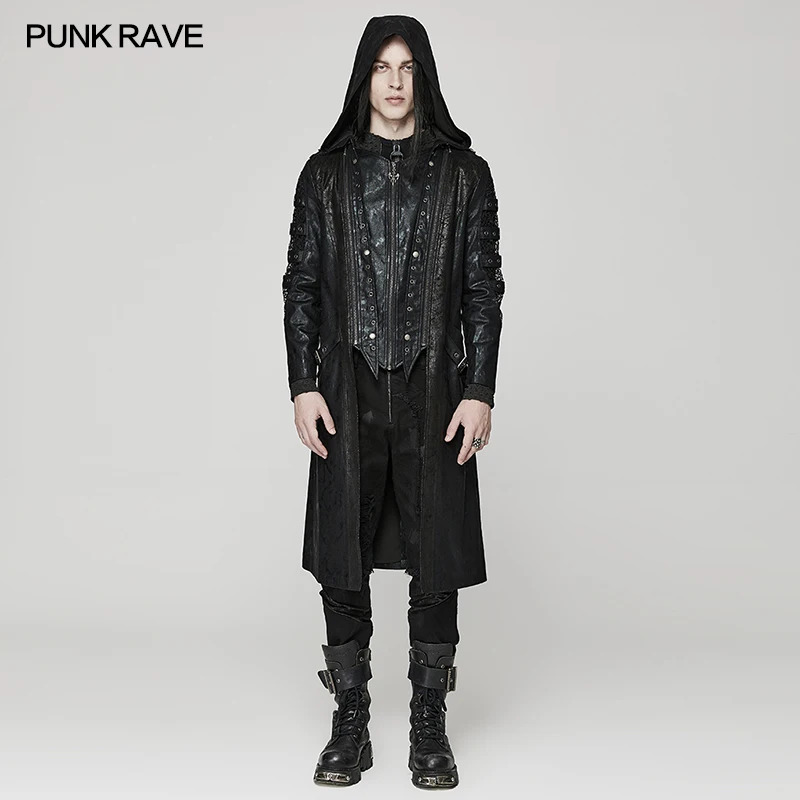 

PUNK RAVE Men's Punk Distressed Hooded Hollow Twill Printing Long Coat Detachable Hat Casual Handsome Jacket Men Clothing