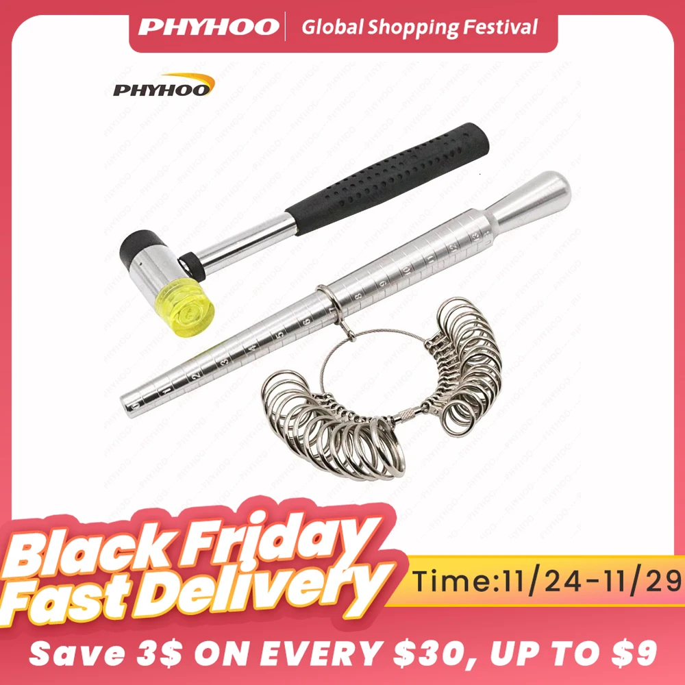 Metal Ring Mandrel Rings Sizer Gauge Set With Jewelers Rubber Hammer Mallet Finger Sizing Size