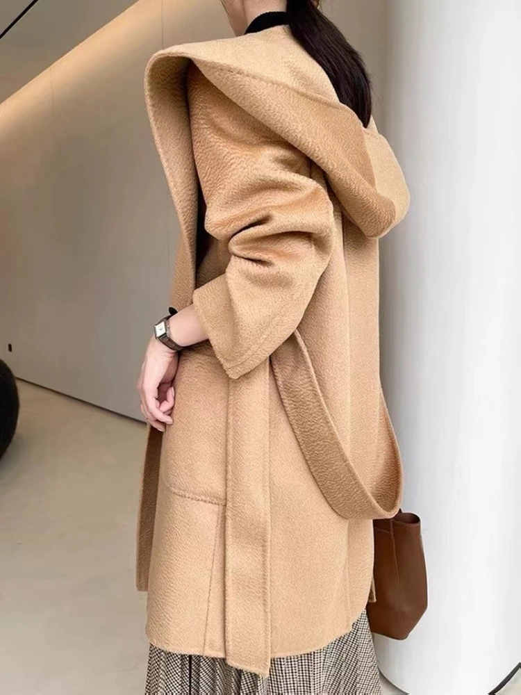 High-end Hooded Cashmere Coat Women Autumn Long Loose Camel Coat Short Water Ripple Lace-up Fashion Casual Jacket Female Winter