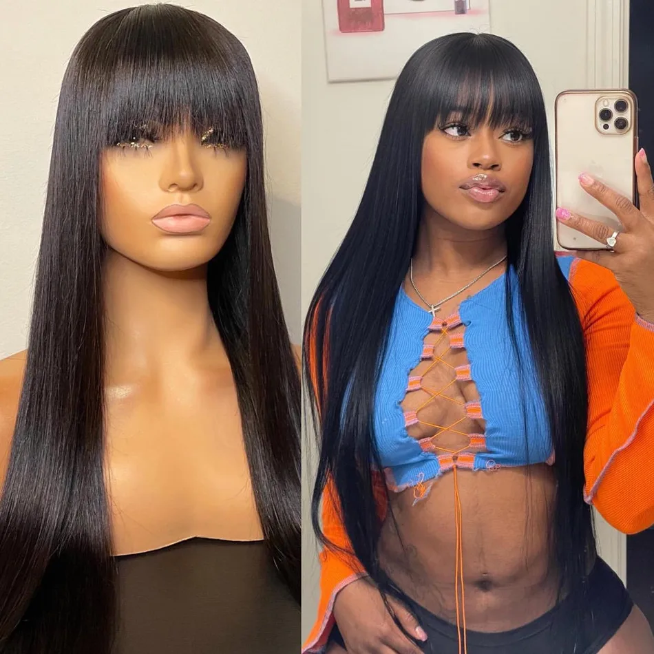 100% Human Hair Wigs Long Straight Hair With Bang Fringe Wig For Women Brazilian Remy Hair Glueless Full Machine Made With Bangs