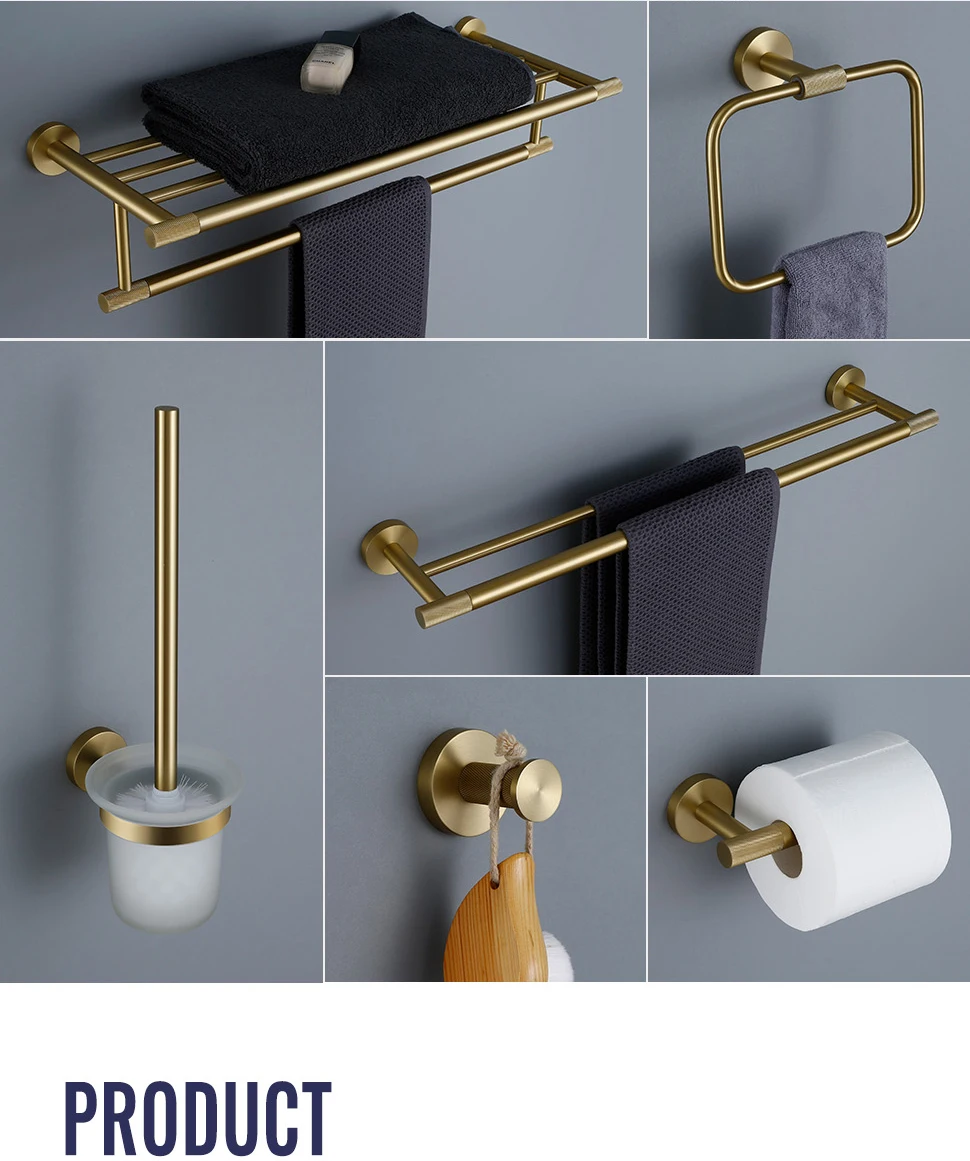 Handtuch halter aus gebürstetem Gold gerändelt Handtuch halter Robe Haken Papier halter Toiletten bürsten halter Bad zubehör Regal – Detail 5