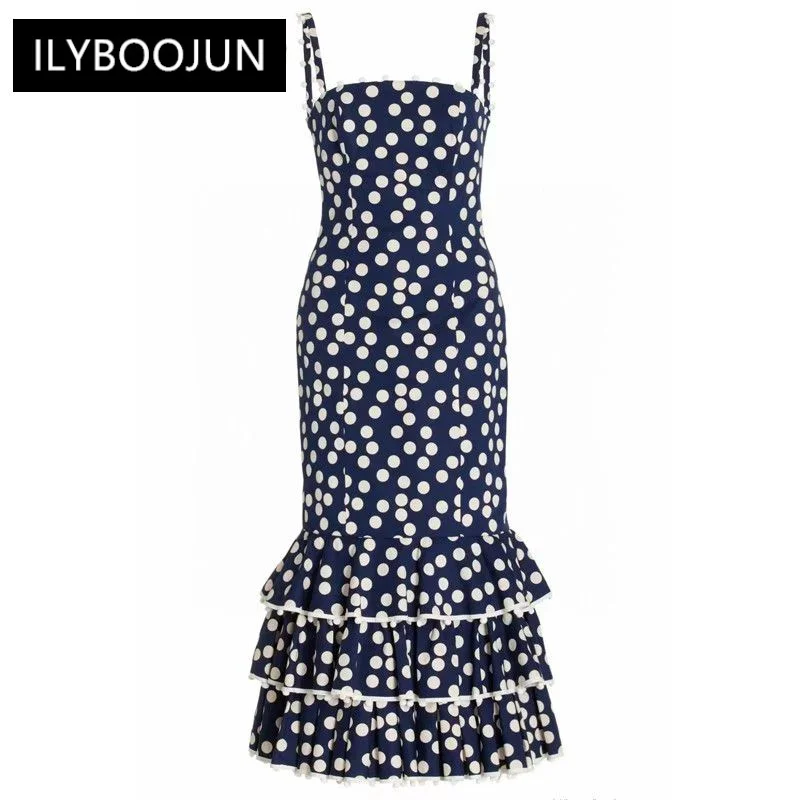 

Chiffon Sling Dress Women's Slash Neck Backless Cascading Ruffles Vintage Polka Dot Midi Dresses For Women 2023 Luxury Brand