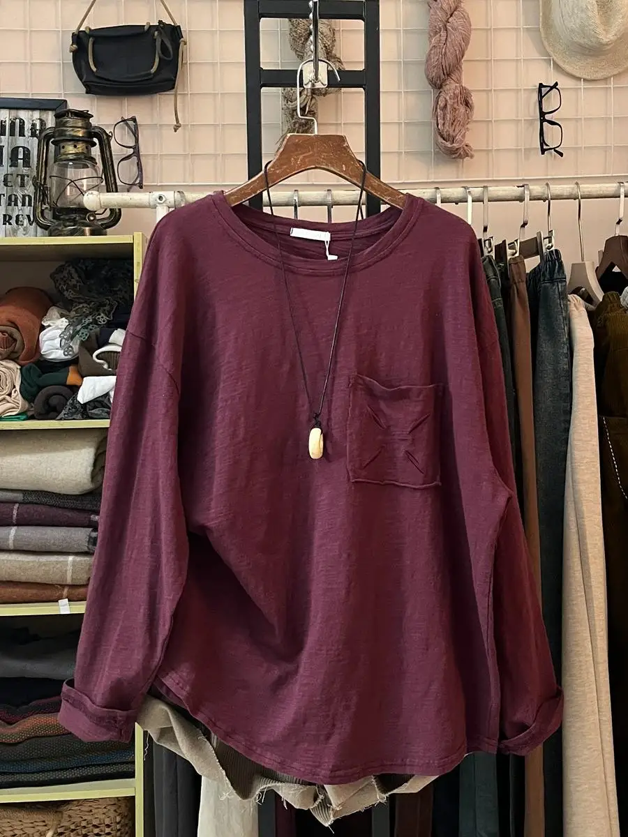 Women's Bamboo Cotton Embroidered Round Neck Casual T-Shirt - Loose Fit, Basic Top