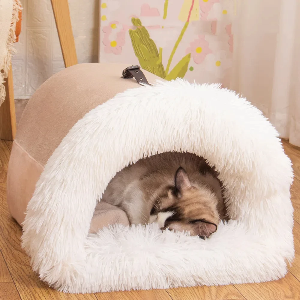 2024 Portable Dog Beds Long Plush Cat Nest Winter Dog House for Small Dogs Kitten Bed Antiskid Dog Nest Cat Keep Warm Bed