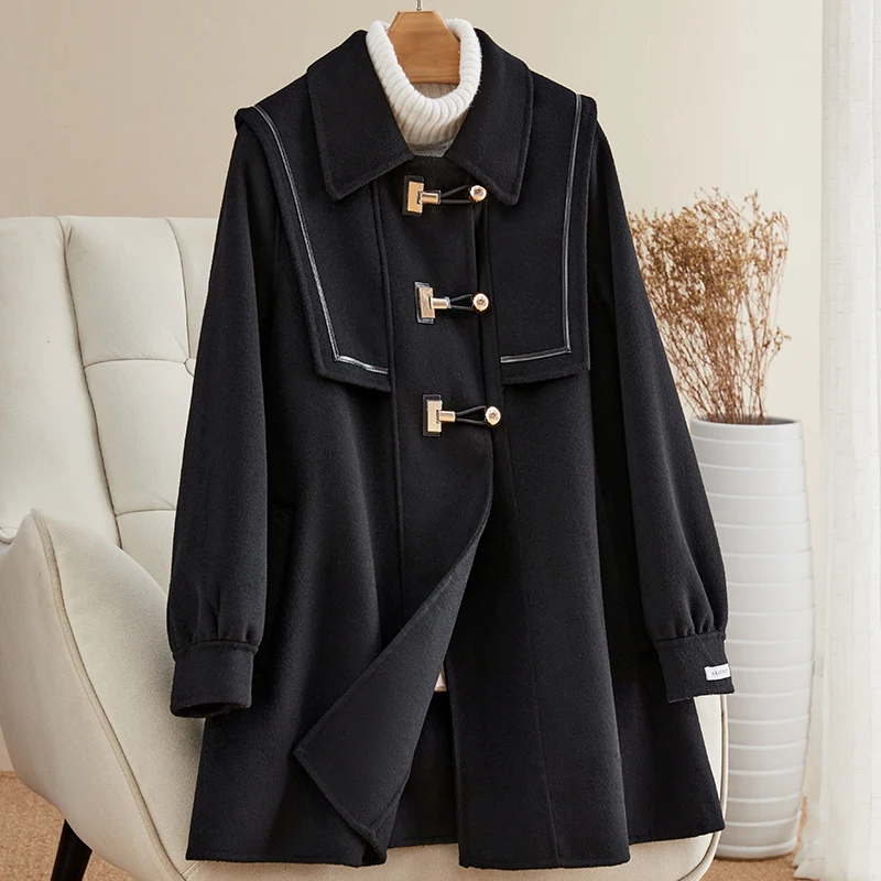 

2023 Autumn/Winter New Double sided Zero Cashmere Coat Women's Navy Collar Woolen Coat Cloak Horn Button Coat