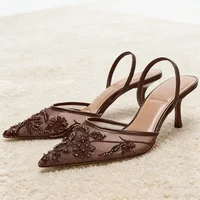 Brown String Bead Mesh Embroider Slingback High Heels Women Sexy Pointed Toe Heeled Sandals Summer Elegant Luxury Designer Shoes