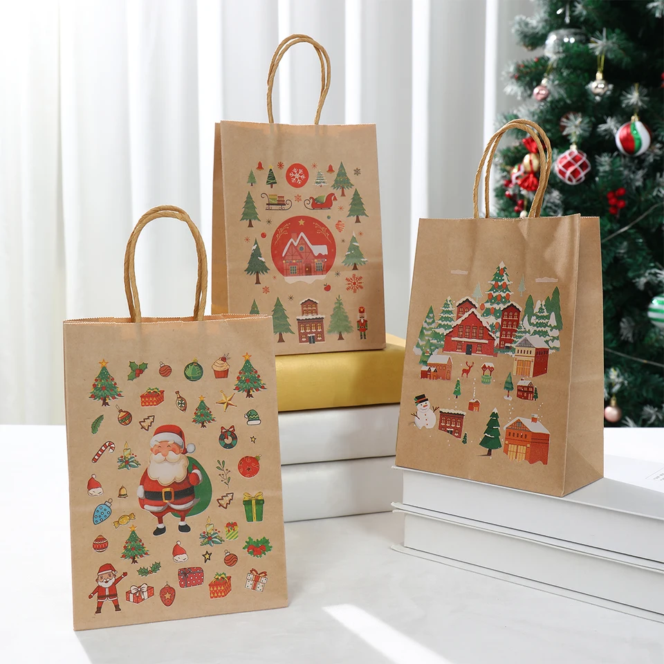 JOYIN Lot De 24 Sacs Cadeaux Noël En Papier Kraft – 25,9 X 16 X 10,7 Cm – 6 Motifs Festifs