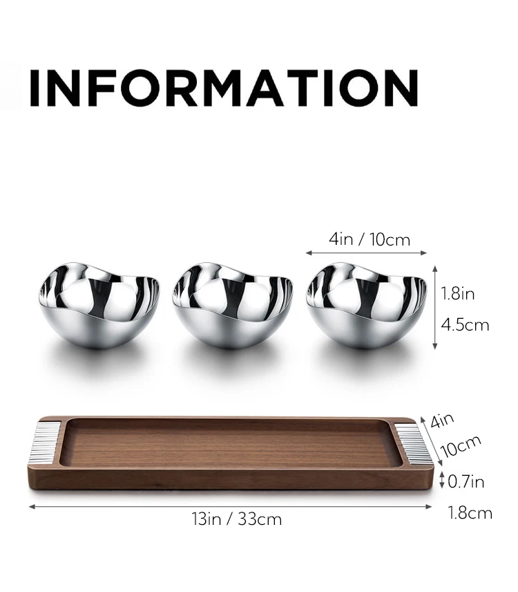 Description Picture 4 of itemLuxury Stainless Steel 3-Section Snack Bowl Serving Bowl Dessert Plate with wooden Tray for Home Decoration Table Kitchen Party