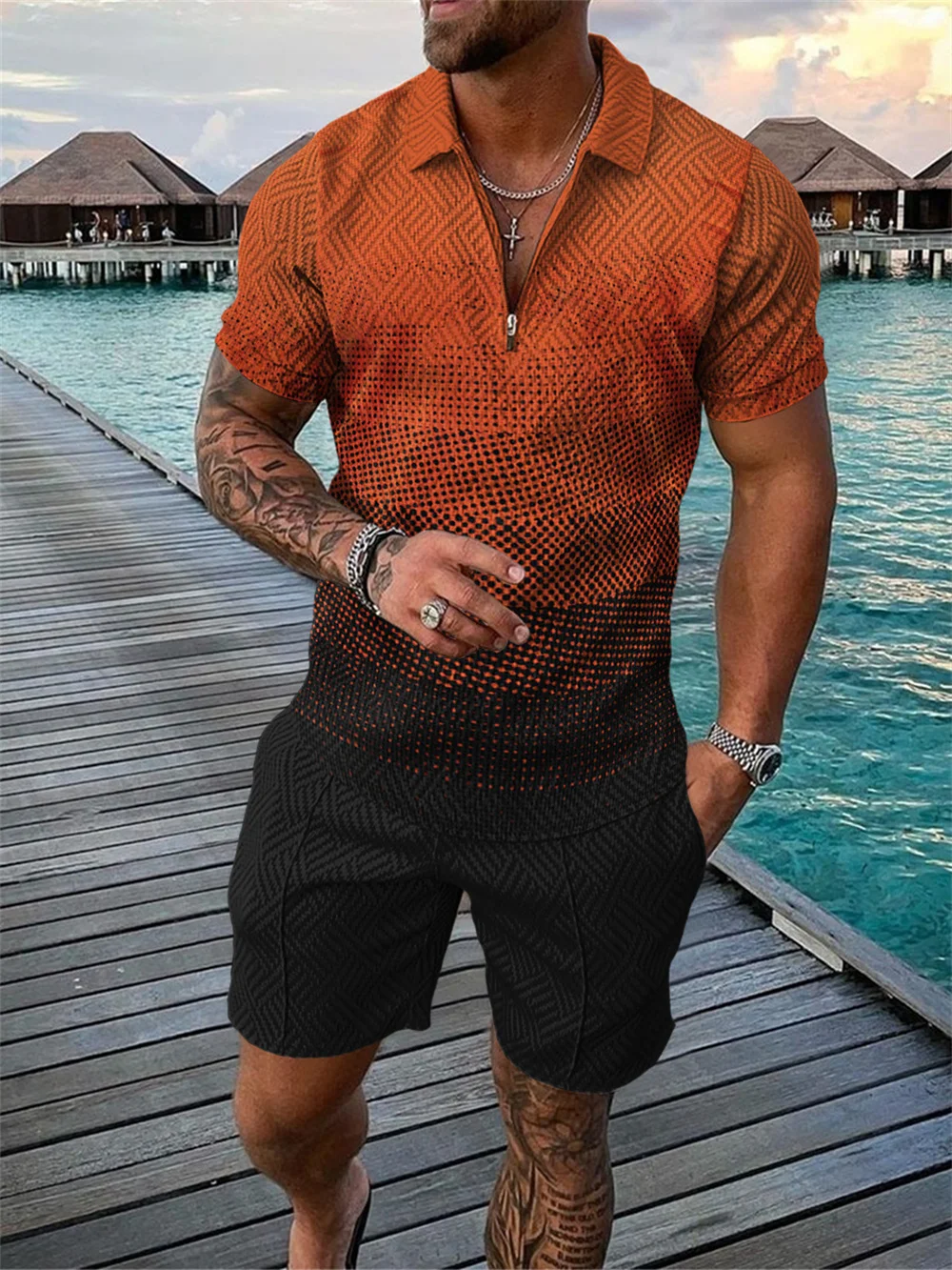 Summer Hot Selling Men's Printed Pattern Short Sleeve POLO Shirt Set Street High Quality Casual Jogging Sports Men's Set
