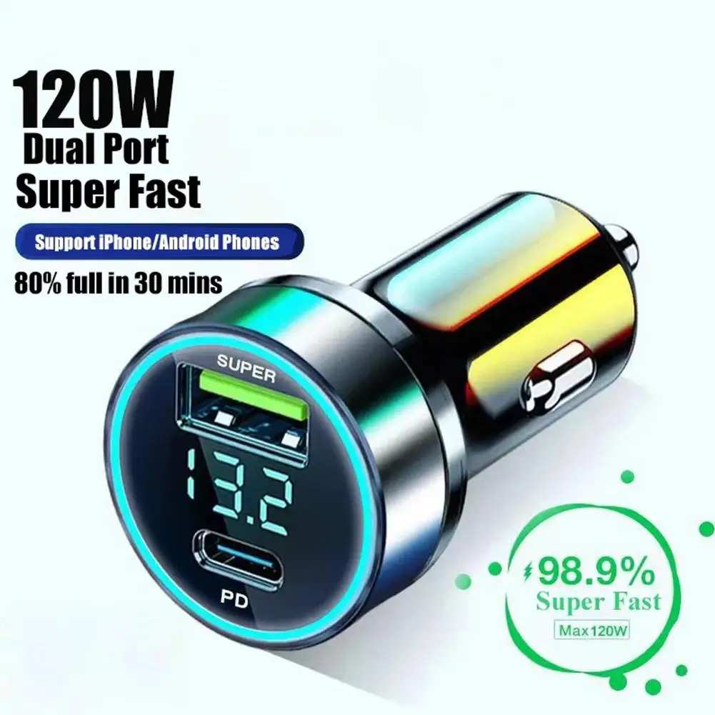 Car Charger Super Fast Charge Adapter Type C USB 120W Portable Metal Display Car Charger Resistant To High Temperatu