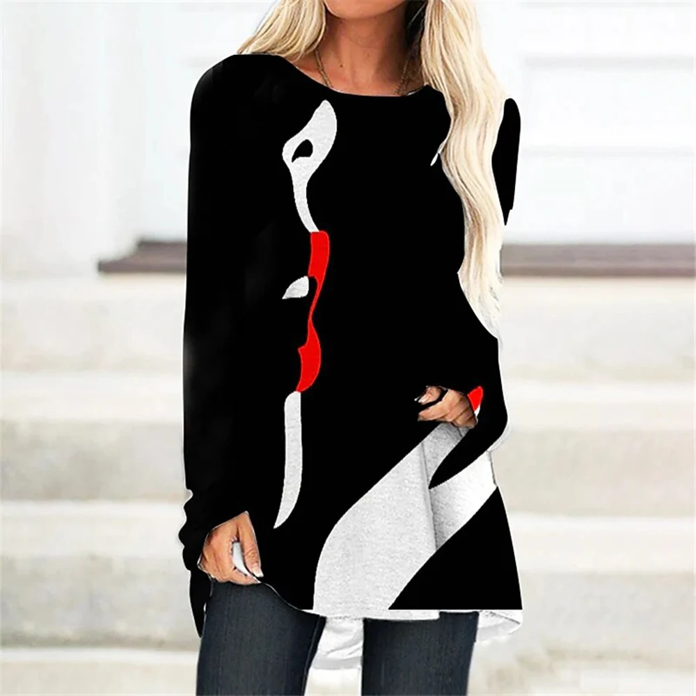 

Abstract Splice Cartoon Painting Pattern Printing T-shirt Fashion Women T-shirt Long Sleeve Round Neck Plus Size Top s-5XL