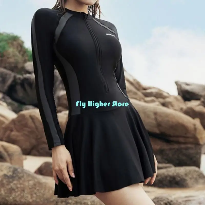 여성 러쉬 가드 수영복 긴 소매 전면 지퍼가 달린 수영복 수영복 Boyshorts 빠른 건조 수영 의상