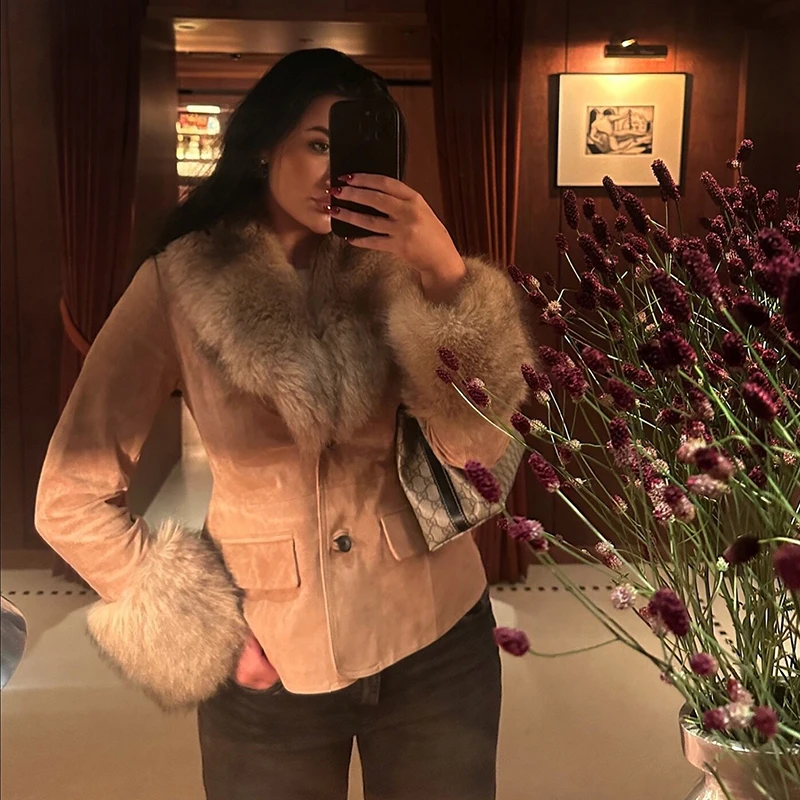 Elegant Faux Fur Collar Women's Coat Suede Single Breasted Winter Jackets Women 2025 Autumn Chic Street Office Lady Outerwear ﻿