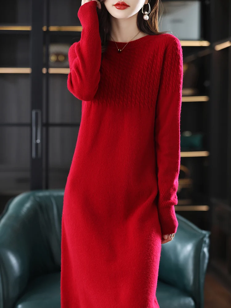 Abito in cashmere con scollo tondo Maglione pullover lungo da donna Autunno e inverno Nuovo abito in pura lana lavorata a maglia al ginocchio 3