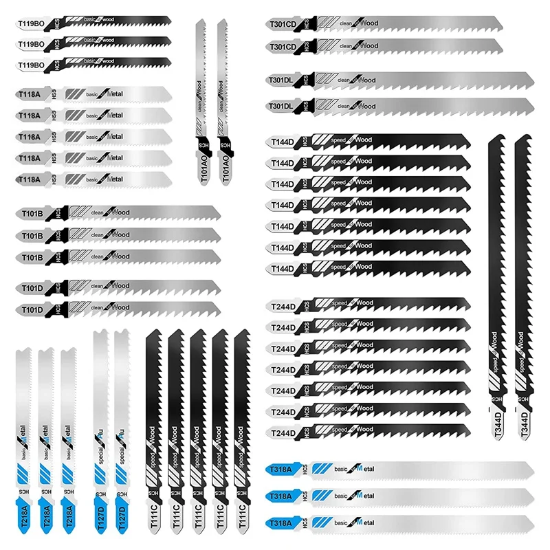 

Retail Saw Blade Set 48 Pieces,T-Handle Jig Saw Blades, Multi-Purpose HCS/HSS Saw Blades, Used For Cutting Wood, Plastic, Metal