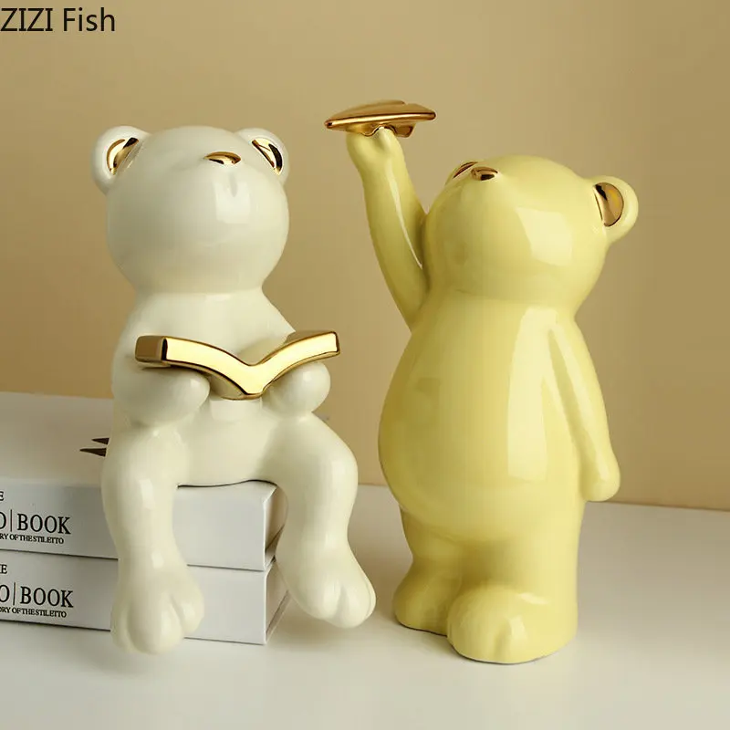 

Ceramic Statue Reading Bear Cartoon Bear Ornaments Porcelain Simulated Animal Crafts Children's Room Decorative Figurines