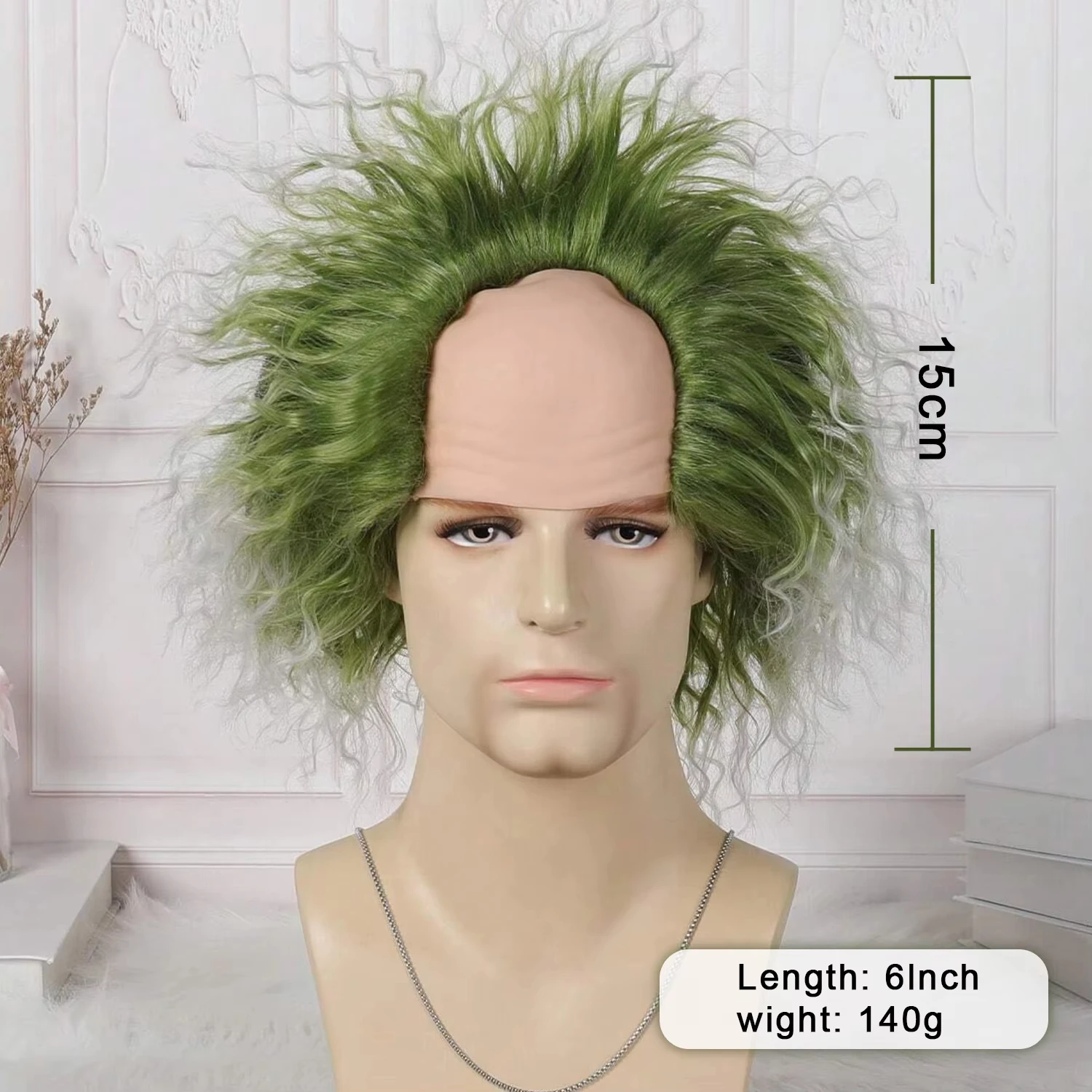 Green wig with bald cap, clown short curly wig, green fluffy wavy wig, party costume wig, Halloween wig, men, synthetic wig