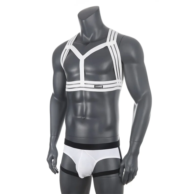 Men's Sexy Club Nightwear Erotic Neck Body Harness Flirt Fetish Costume Wetlook Hollowed Out Halter With Leg-Straps Briefs Set