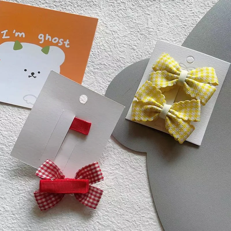 Korean 2Pcs Cute Children and Girls Hairpin Pink Polka Dot Plaid Small Bow Pair Bangs Edge Clip
