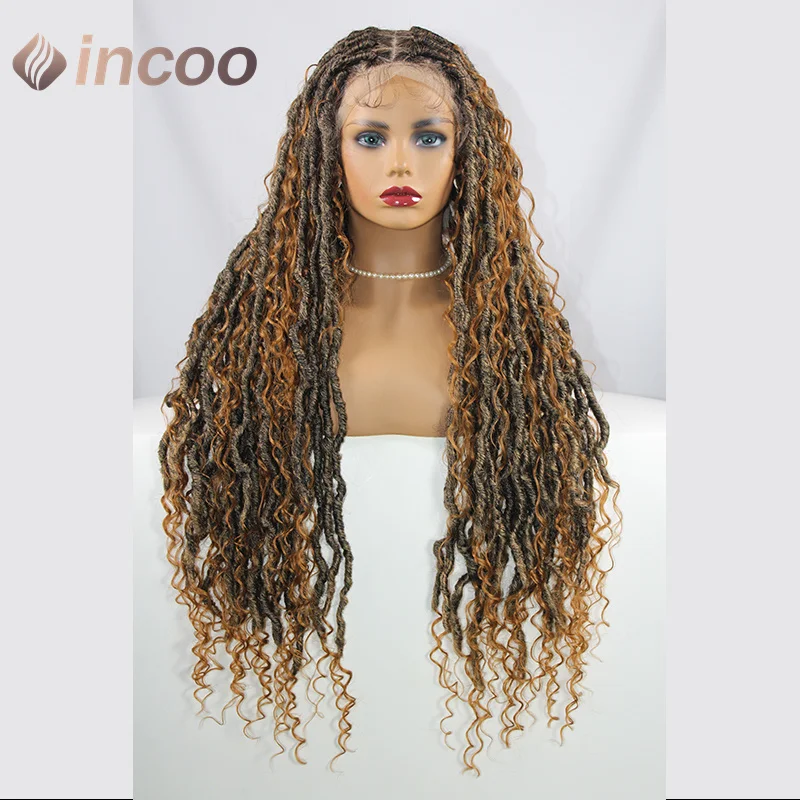 

32 inch Butterfly Loc Dark Ginger Full Lace Front Braided Wig Water Wave Curly Wigs Distressed Knotless Box Braids Cornrow Wig