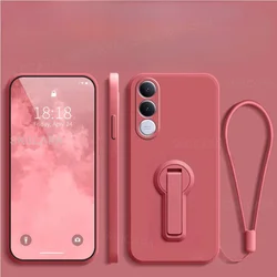 Liquid Silicone Lanyard Shockproof Case with Stand Holder and Lens Protection for Vivo V70 FE (Camellia red)