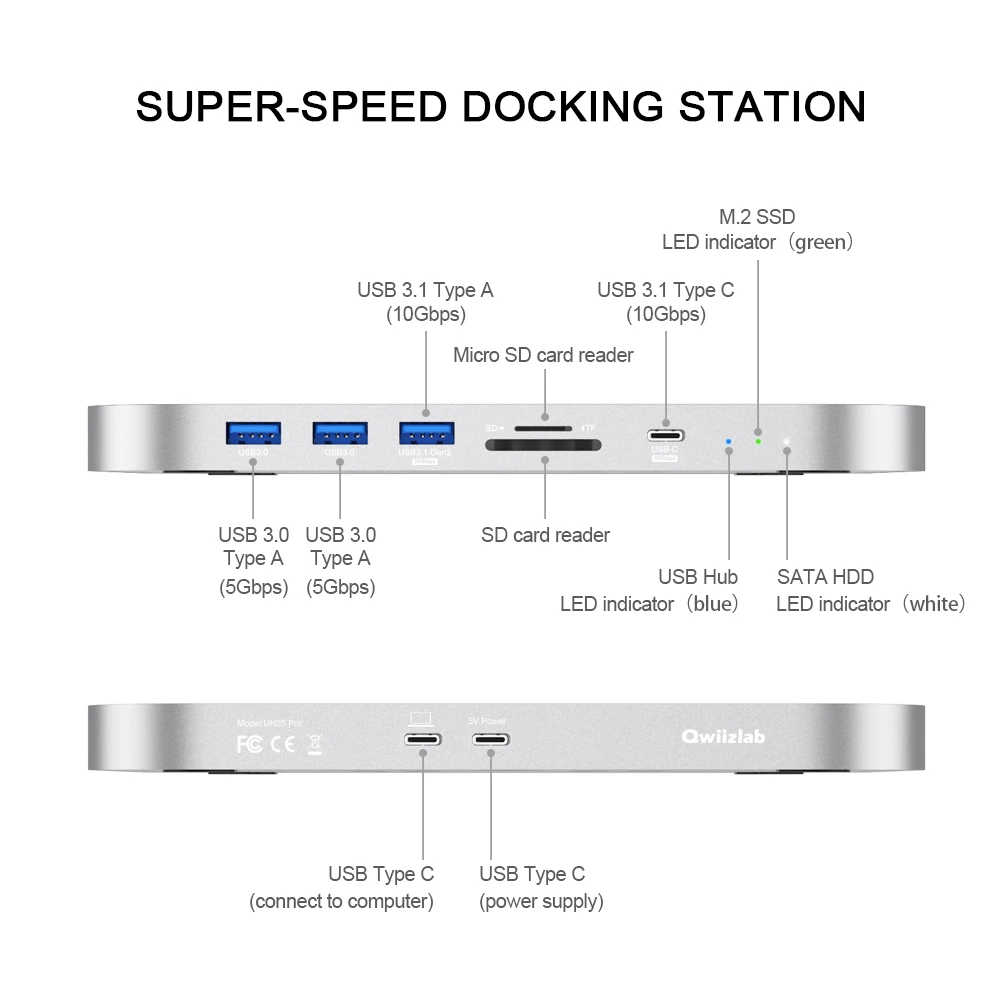 Qwiizlab USB C Hub for Mac Mini M2 M1 with Dual Drive Enclosure SATA NVMe M.2 SSD Type-C 10Gbps SD TF Card Reader Docking Staion