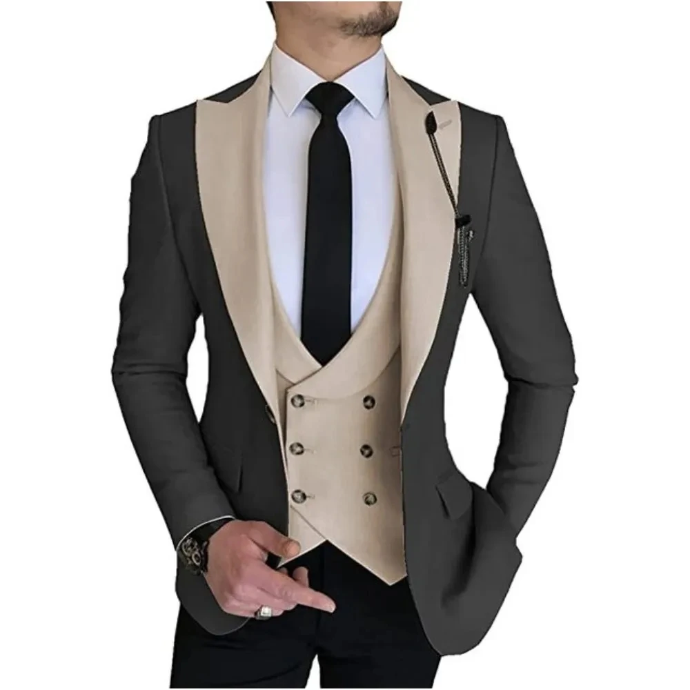 Men Suits Champagne Double Breasted Vest Wedding Tuxedo Terno Masculino Prom Groom 3 Pcs Slim Fit Blazer Custom Made