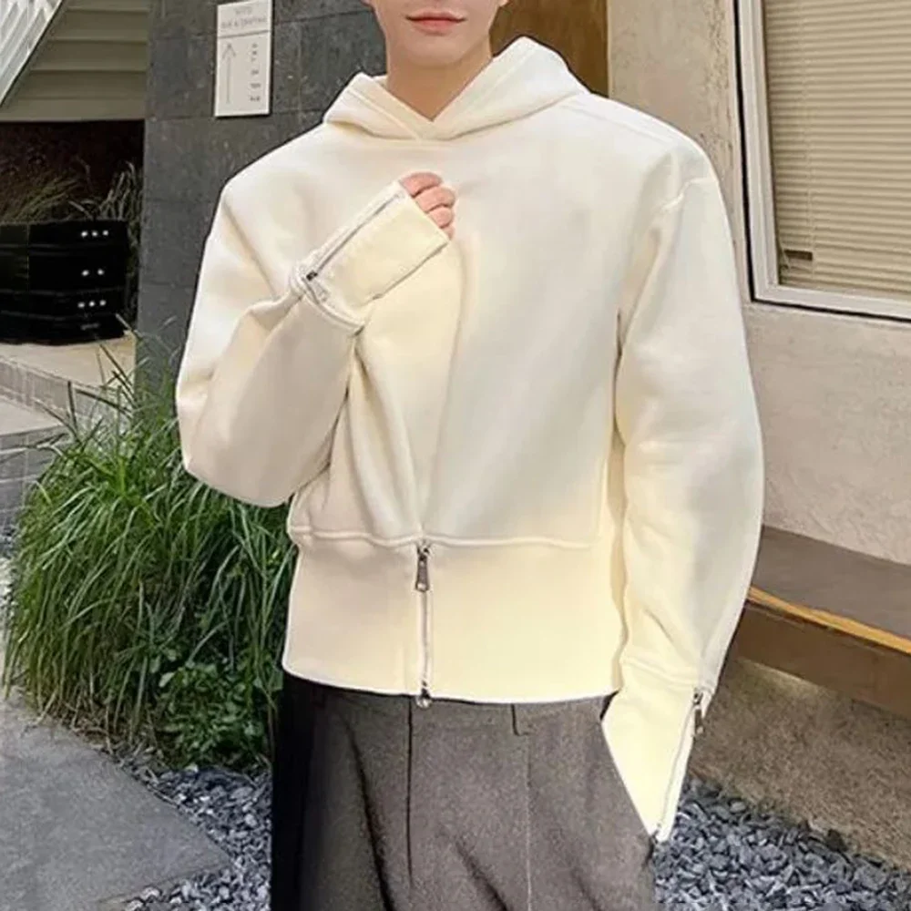 

2024 Mens Spring Autumn Y2k Waist Cuff Zipper Slim Short Casual Hooded Sweatshirt Fashionable Youth Solid Color Loose Mens Top