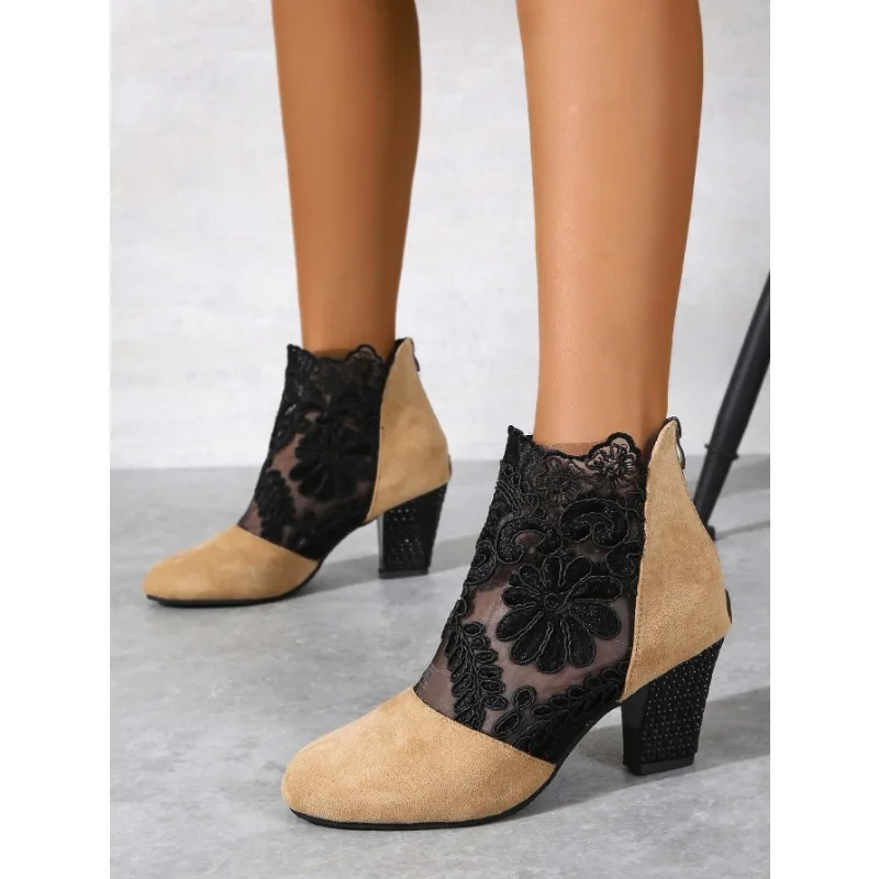 New Fashio Women's Sandals Fish Mouth Shoes Mid-heel Large Size Women's Shoes Breathable Women's Shoes Lace Mesh High Heels 2023